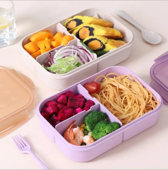 Square Grid Wheat Straw Take-out Lunch Box Fresh-Keeping Box with Tableware