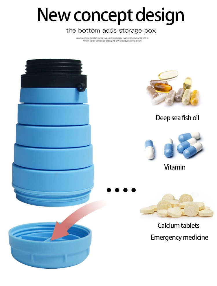 Medicine Storage Case FDA Leak Proof Sports Foldable Water Bottle with Pill Box