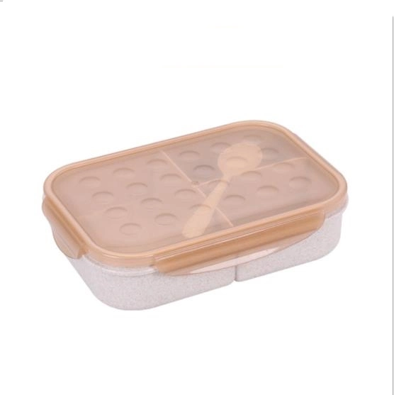 Square Grid Wheat Straw Take-out Lunch Box Fresh-Keeping Box with Tableware