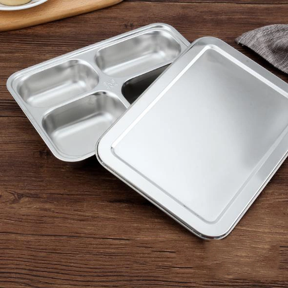 Hot Sell High Quality Stainless Steel Dinner Hospital Divided Compartments Plate with Lid Lunch Tray