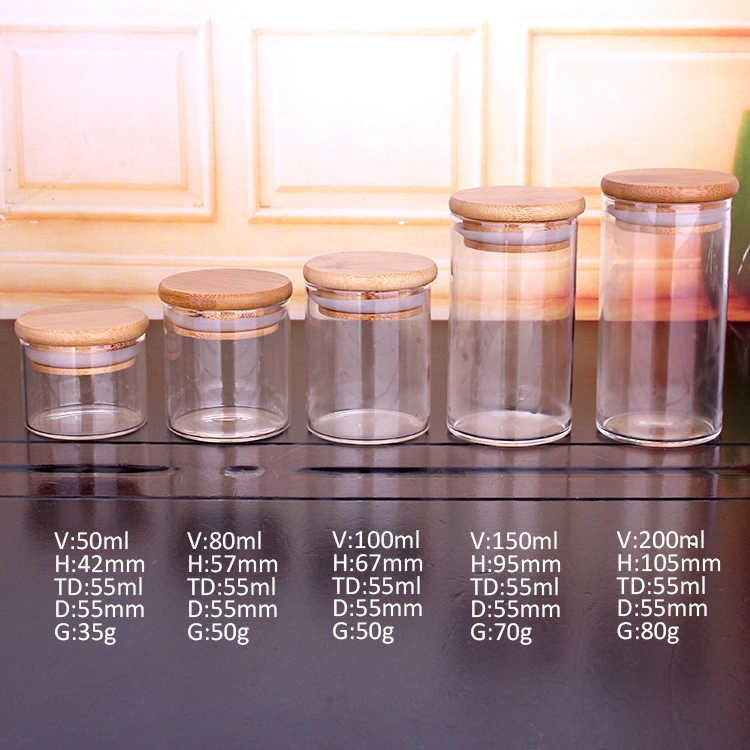 Full Size 50ml 200ml 500ml 1000ml Airtight Clear Glass Food Storage Containers Jar with Bamboo Lid