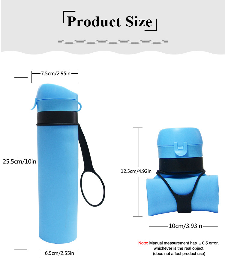 Custom Print Logo 600ml Foldable BPA Free Sports Silicone Travel Water Bottles