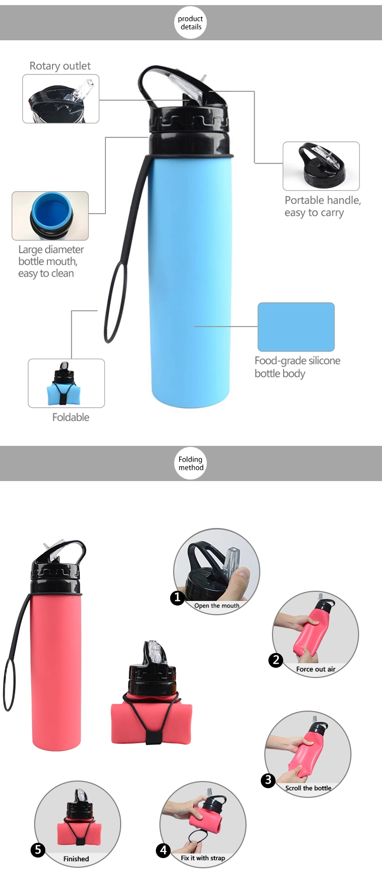 Leak Proof Collapsible Sports Roll up Silicone Water Bottle for Travel and Outdoor