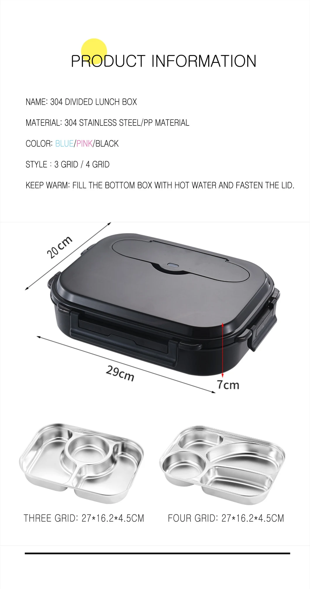 Plastic Reusable Eco Friendly Leakproof 1.6L 3/4 Compartment 304 Stainless Steel Retain Freshness Lunch Bento Box for School/Office/Outdoor/Camping/Hospital