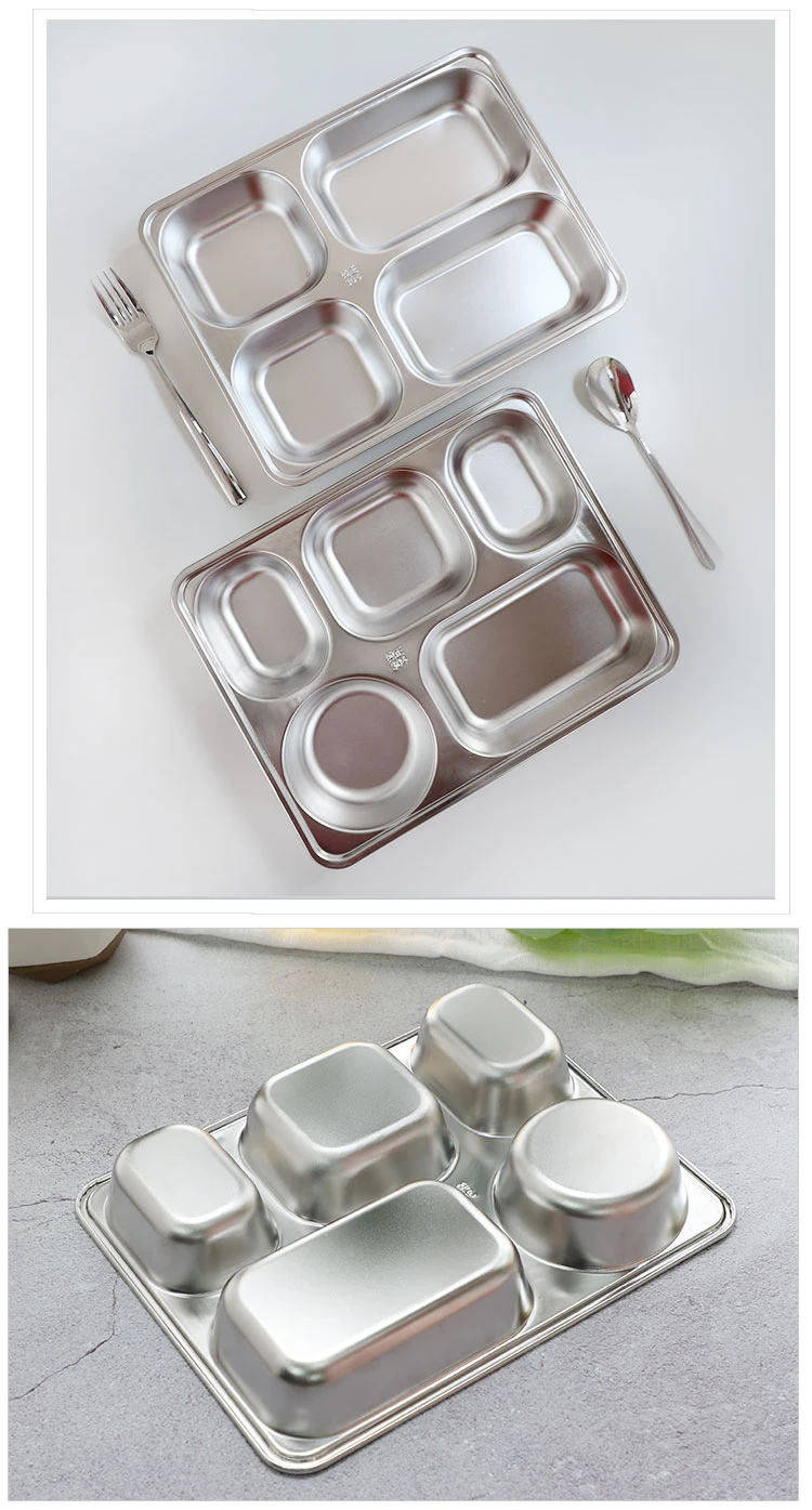Hot Selling Stainless Steel Square Deep 5 Compatements Food Tray with Lid Lunch Box for School