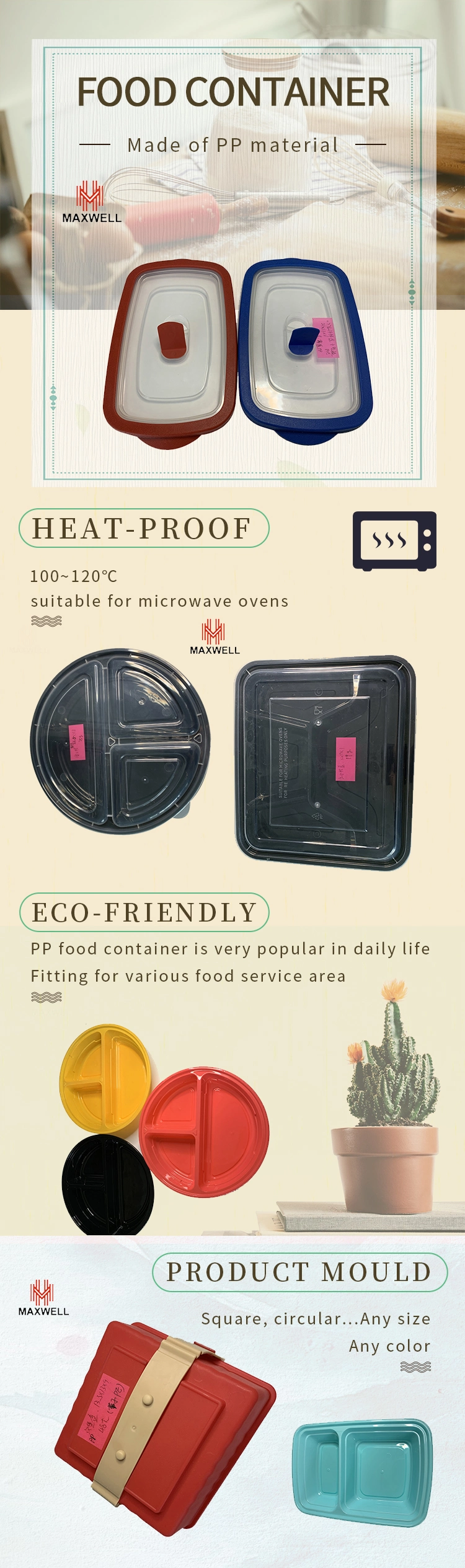 Microwaveable Disposable PP Plastic Food Black Round Eco Friendly Bento Lunch Box