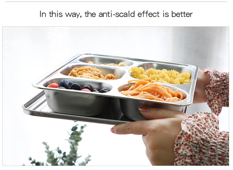 Hot Selling Stainless Steel Square Deep 5 Compatements Food Tray with Lid Lunch Box for School