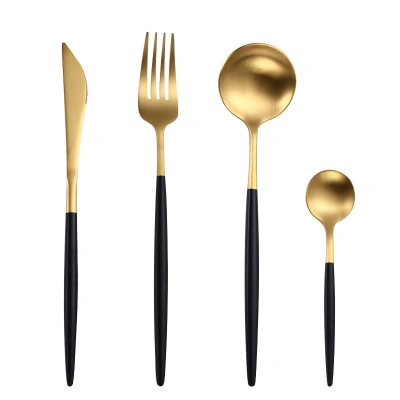 Knife and Fork Spoon French Wedding Dinnerware Set Black Handle Gold Stainless Steel Tableware