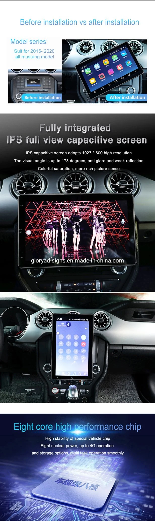 Mustang Vehicle with 10.1 Inch Ai Voice Control Rotatable Large IPS Capacitive Car Stereo Screen