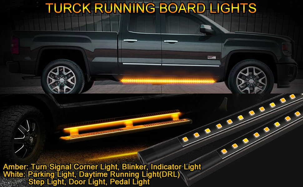 Truck LED Running Board Lights Amber Side Marker Kit with White Courtesy Lights 48inch 144 LED Bar Bed Light Strip for Pickup Trucks SUV Car Work (48Inch Board)