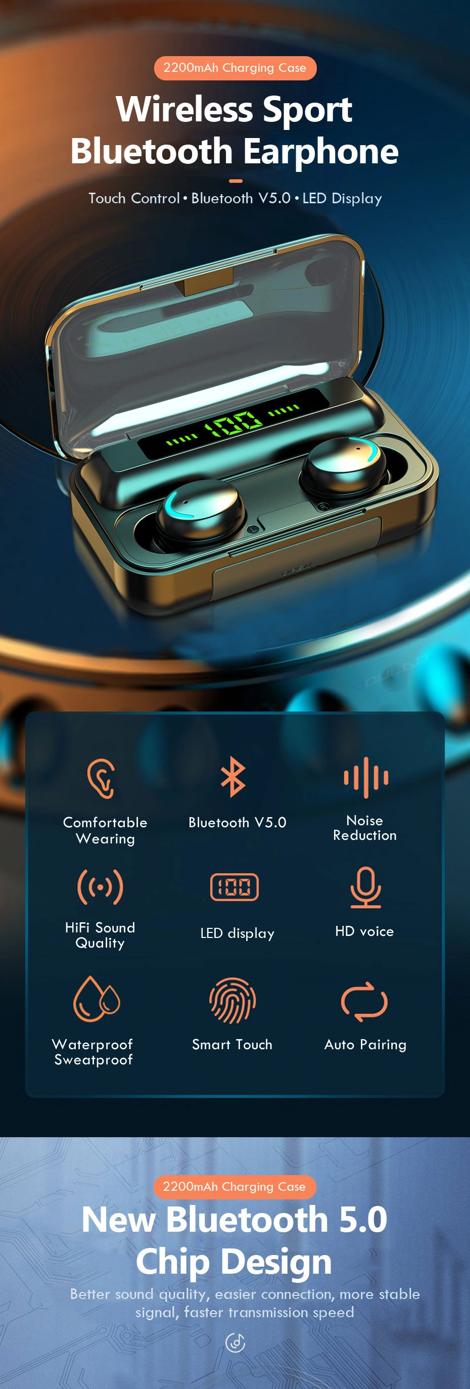 2021 Mini Waterproof and Noise Reduction Tws Wireless 5.0 Earbuds LED Display Mobile Phone Headphone Bluetooth Earphone