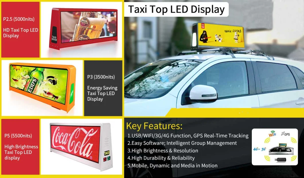 Taxi Top Advertising Outdoor Fixed LED Display 16 Bit IP65 for All Weather Conditions