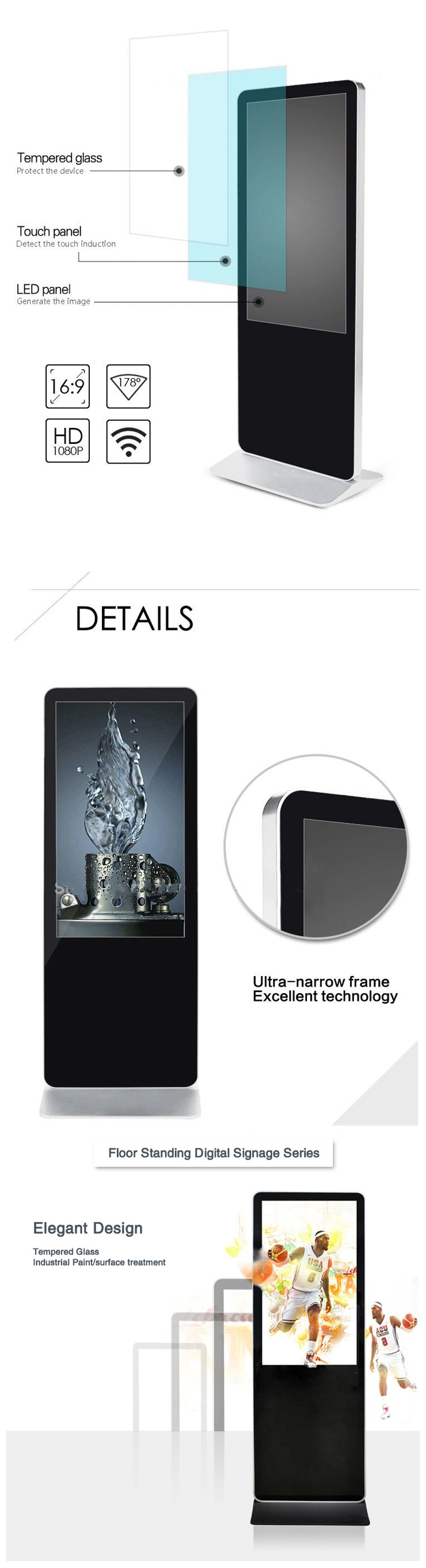 Advertising Player 43 Inch Android Touch Stand Advertising Display LCD Digital Signage Ultrathin Vertical Advertising Player