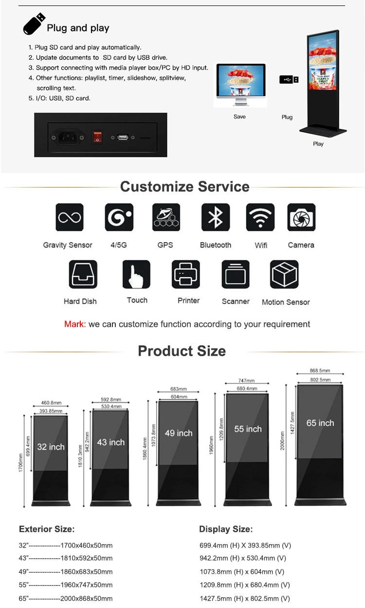Android Floor Standing Advertising Player 55 Inch Portable Digital Digital Retail Display Advertising LCD Stand