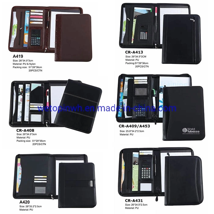 A4 Zipped Conference Folder Business Faux Leather Document Case Bag Portfolio with Removable Clip Notepad