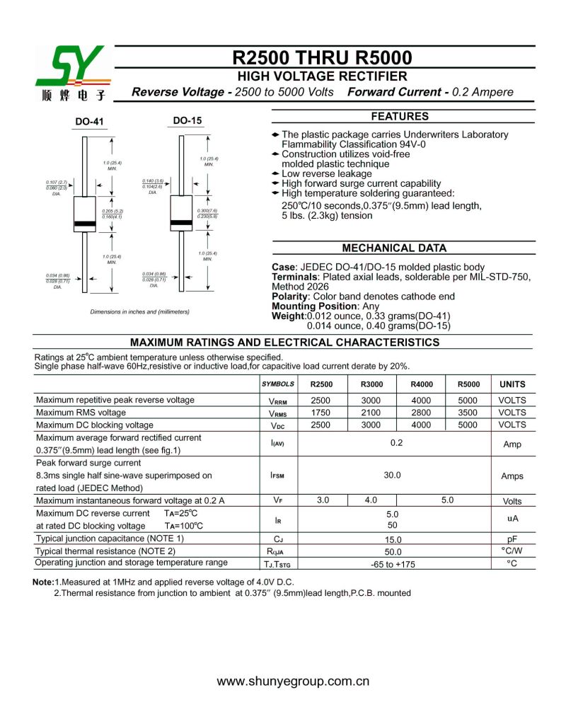 High Voltage Rectifier Diode 0.2A 2500V Do-15 Case R2500