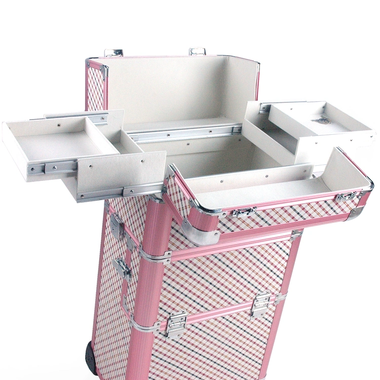 professional Pink Plaid Aluminum Trolley Cosmetic Makeup Beauty Case