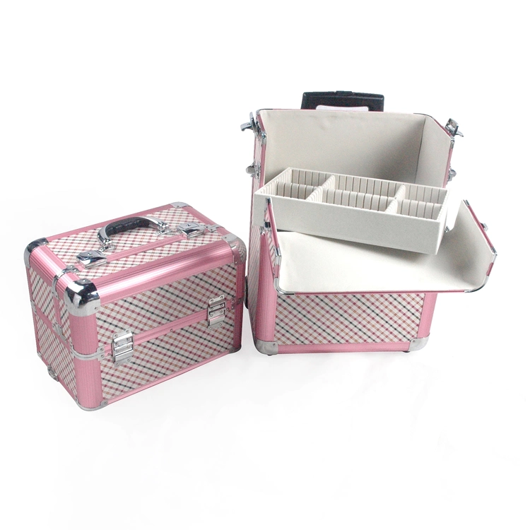 professional Pink Plaid Aluminum Trolley Cosmetic Makeup Beauty Case