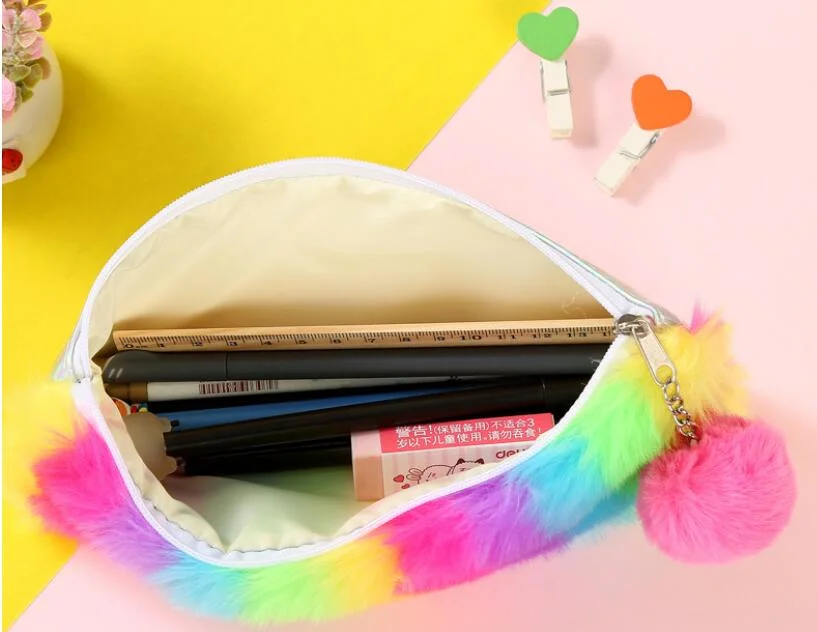 Wholesale Stationery School Pencil Bag Cute Rainbow Plush Flat Pencil Case Bag