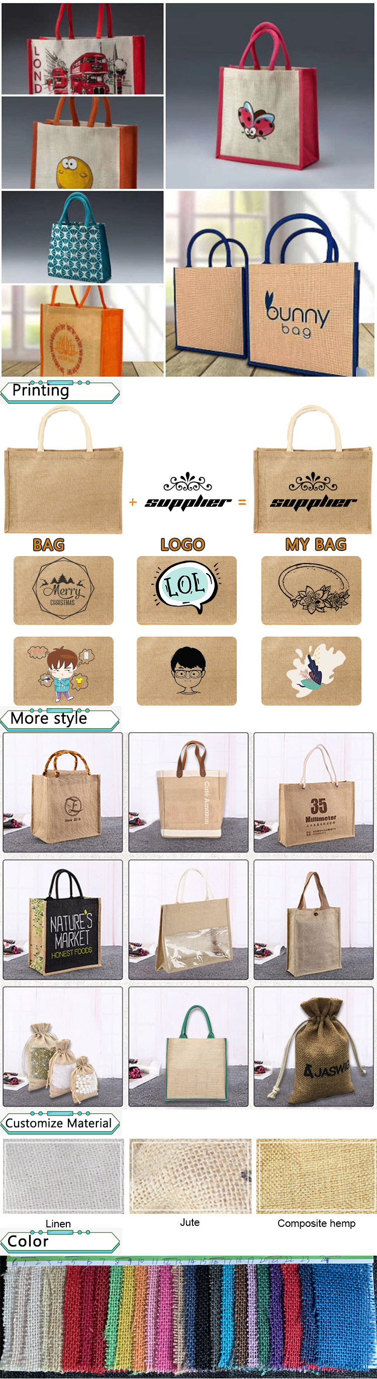 Eco-Friendly Customized Logo Black Handle Linen Jute Burlap Bag Gift Bag with Tassel