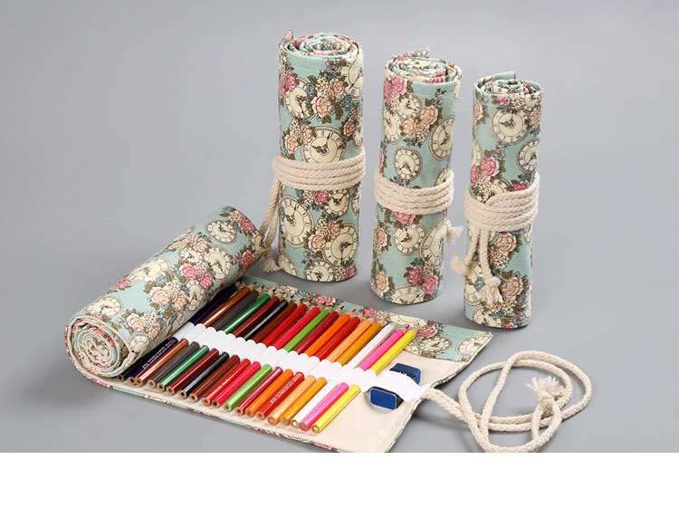 12/24/36/48/72 Rose Clock Printing Roll School Pencil Case Canvas Pen Bag Penal for Girls Boys Cute Large Pencilcase Penalties Box Stationery Supplies