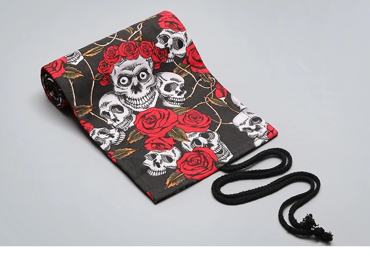 12/24/36/48/72 Rose Skull Pattern Roll School Pencil Case Canvas Pen Bag Penal for Girls Boys Cute Large Pencilcase Penalties Box Stationery Supplies