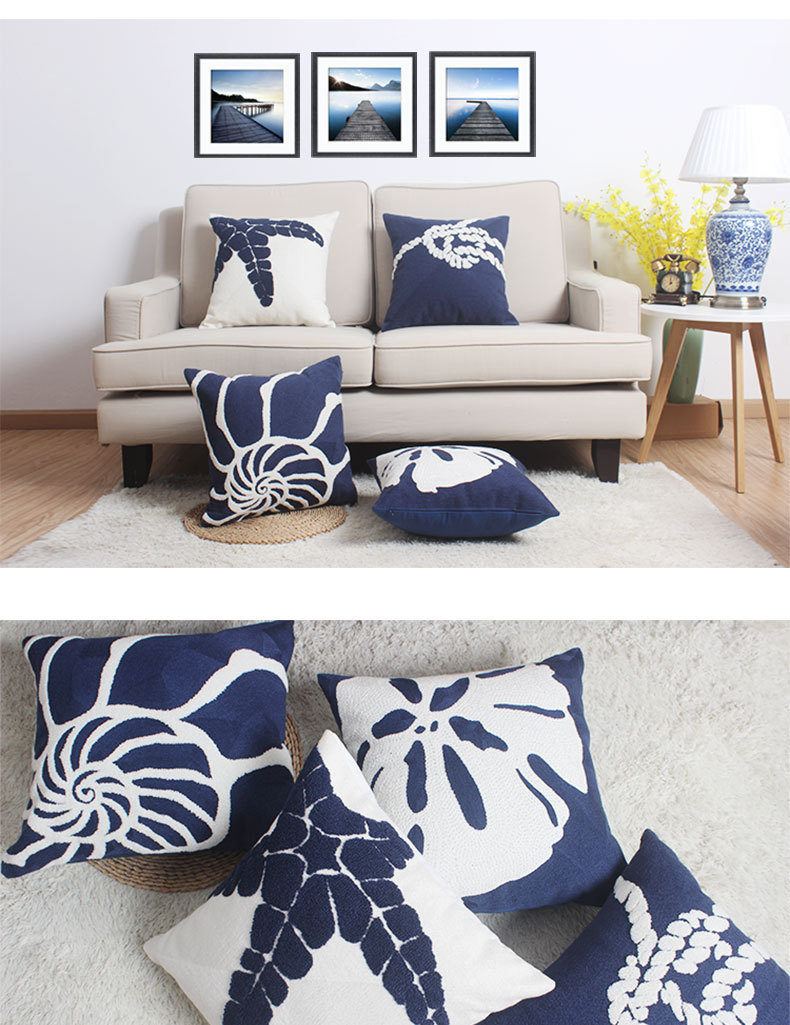 Home Decor Emboridered Cushion Cover Navy Starfish Shell Canvas Pillow Case Cotton Suqare Embroidery Cushion 45X45cm