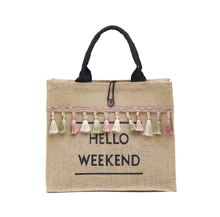 Eco-Friendly Customized Logo Black Handle Linen Jute Burlap Bag Gift Bag with Tassel