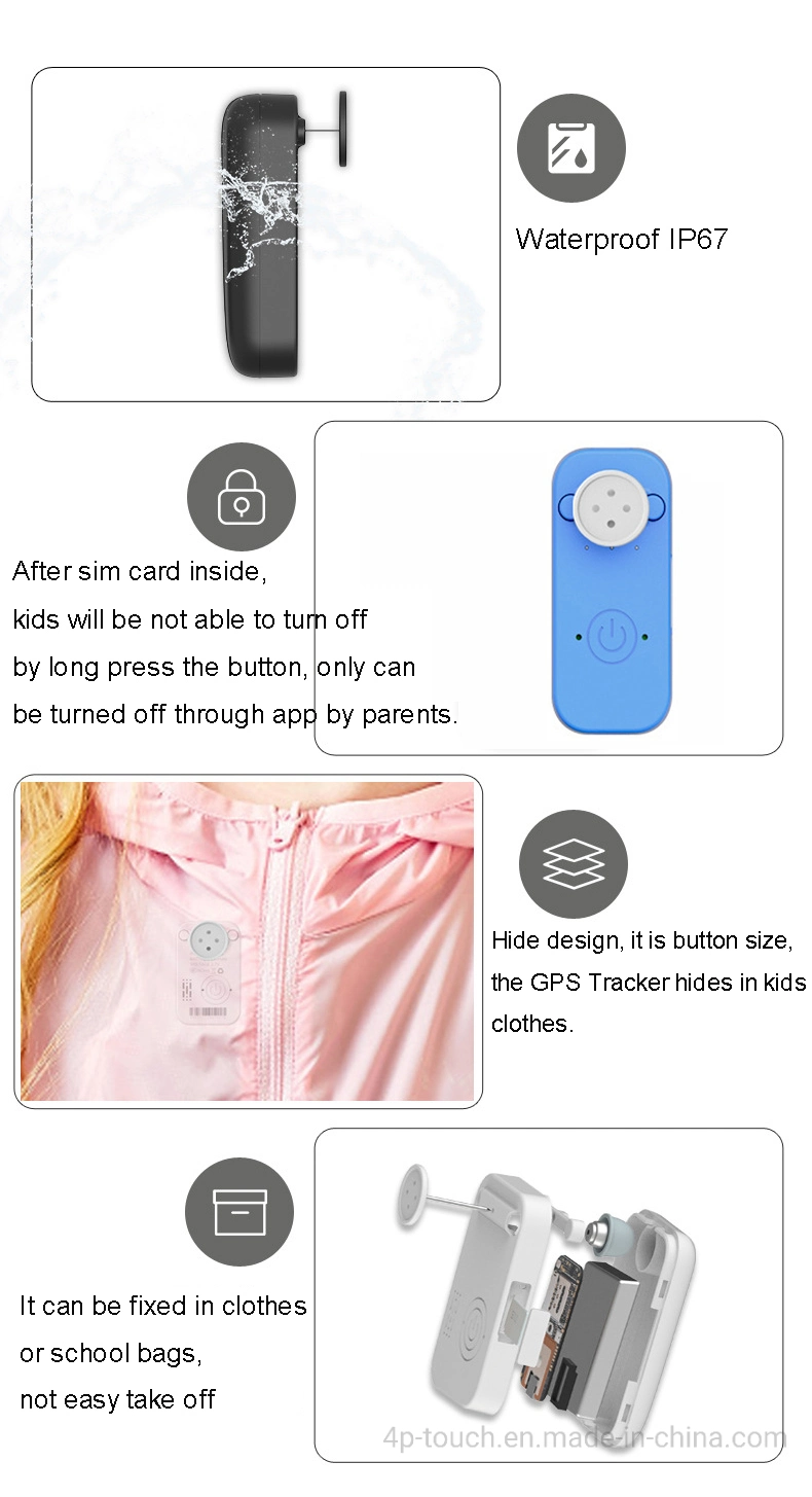 Waterproof Real-Time Kids Children Hide Clothes Bag GPS Tracker with Button Pin