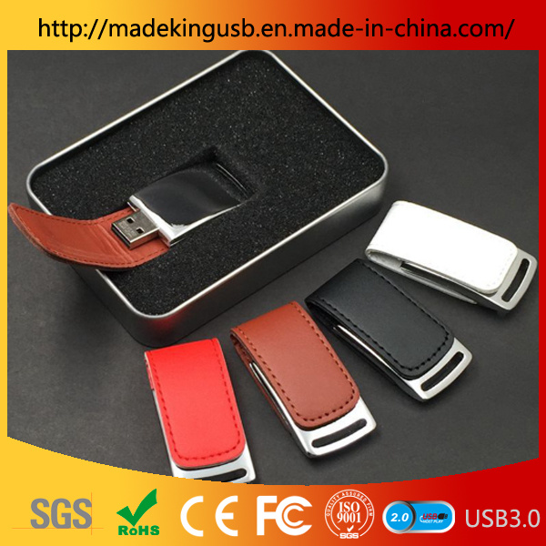 Embossed Logo Business Leather Case Metal Buckle Leather USB Flash Drive