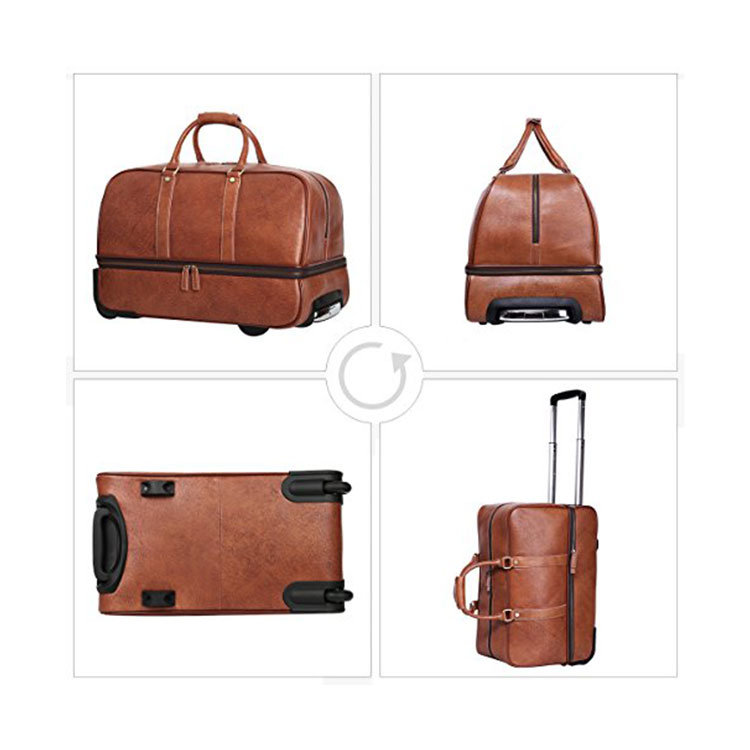 Men's Leather Trolley Luggage Wheeled Duffle, Leather Travel Bag Two Layers