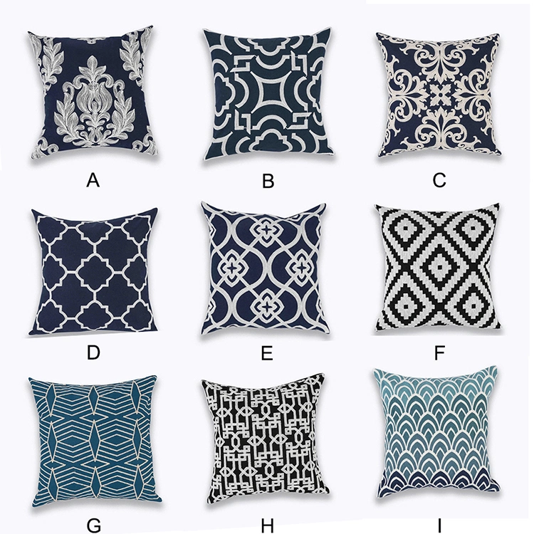 Home Decor Emboridered Cushion Cover Blue Zigzag Geometric Canvas Pillow Case Cotton Suqare Embroidery Cushion 45X45cm