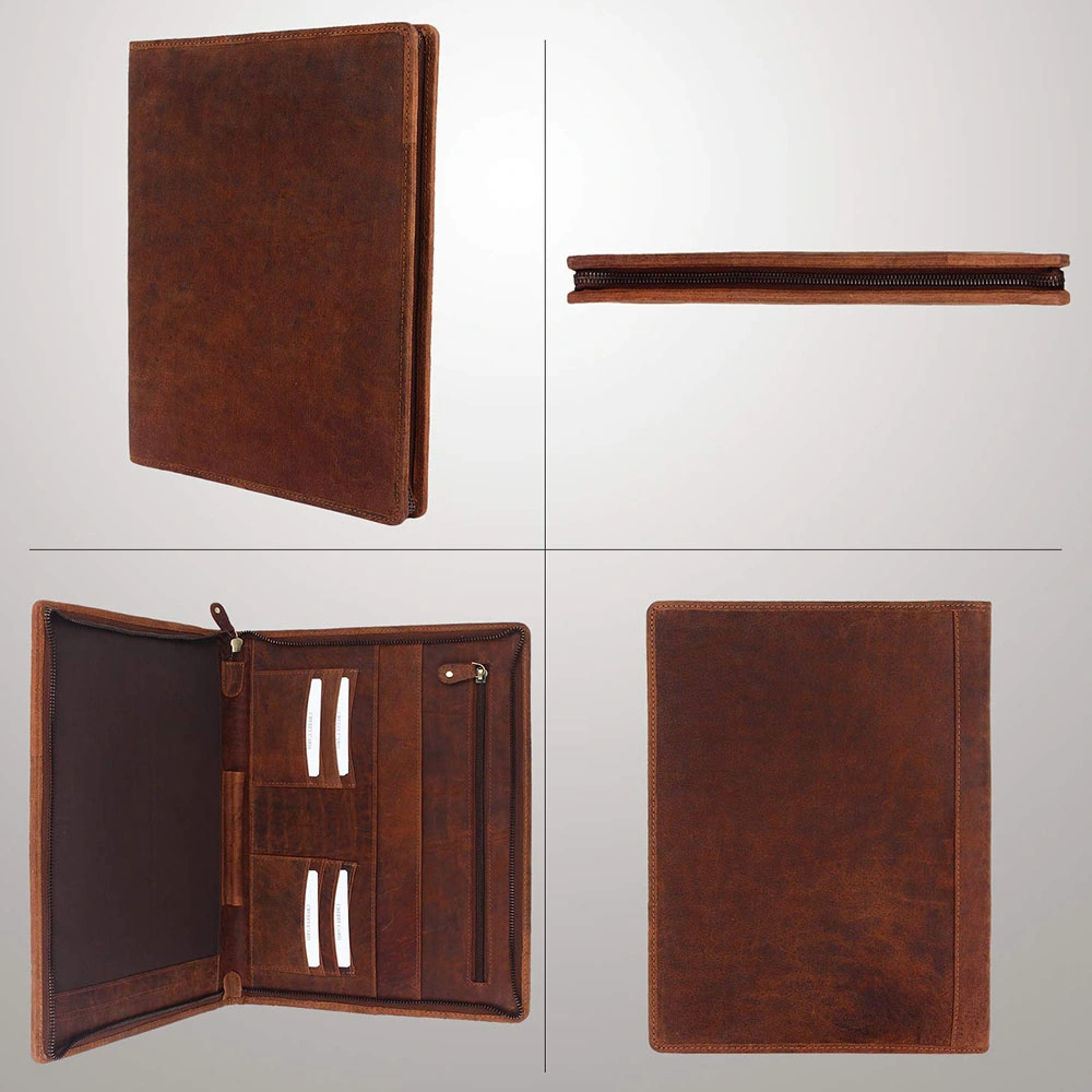 Zippered Leather A4 Business Portfolio Folder Mens Document Bag with Inside Zip Pocket