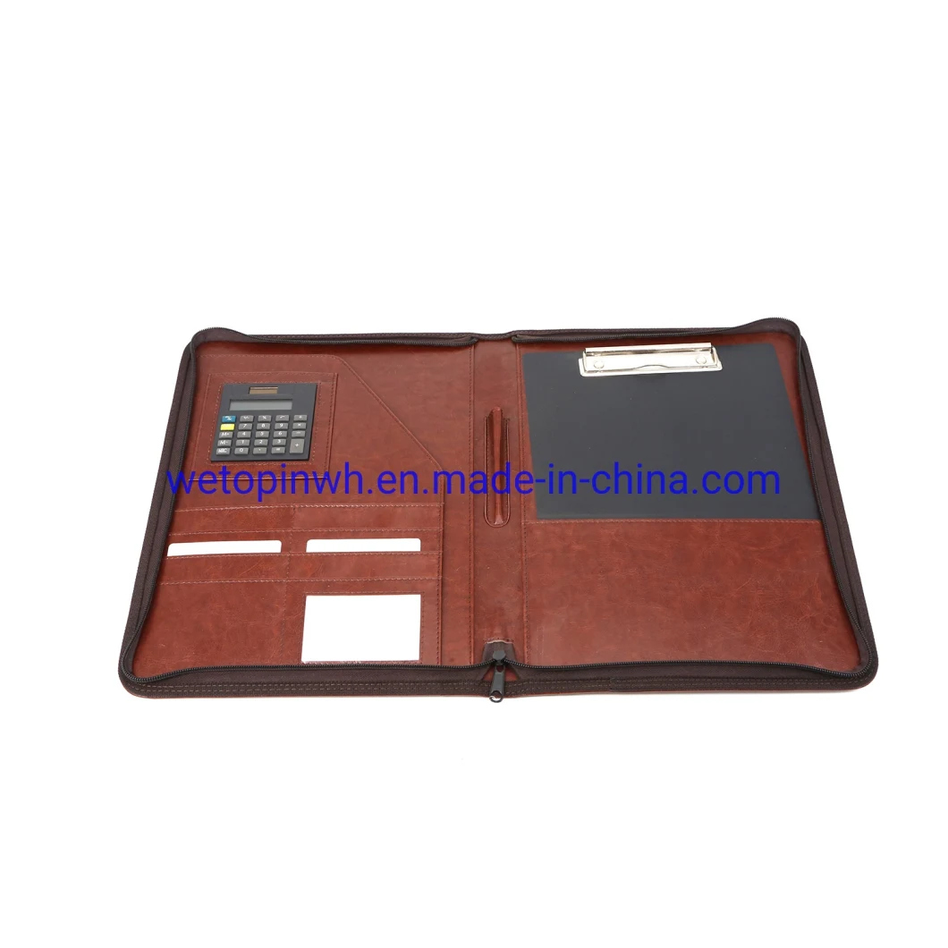A4 Zipped Conference Folder Business Faux Leather Document Case Bag Portfolio with Removable Clip Notepad
