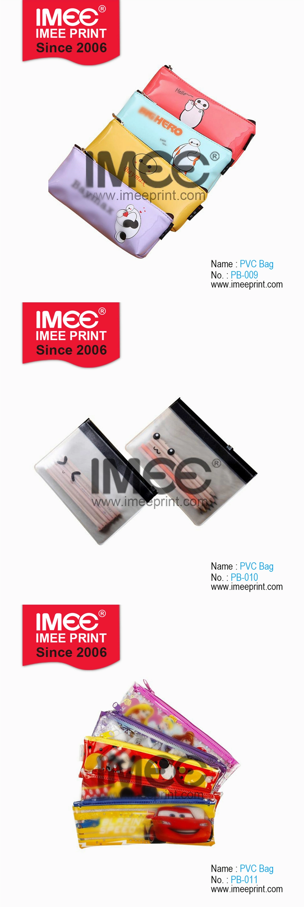 Imee Printing Custom Color Cheap School Cute Zipper Makeup PVC Bag Pencil Pen Case