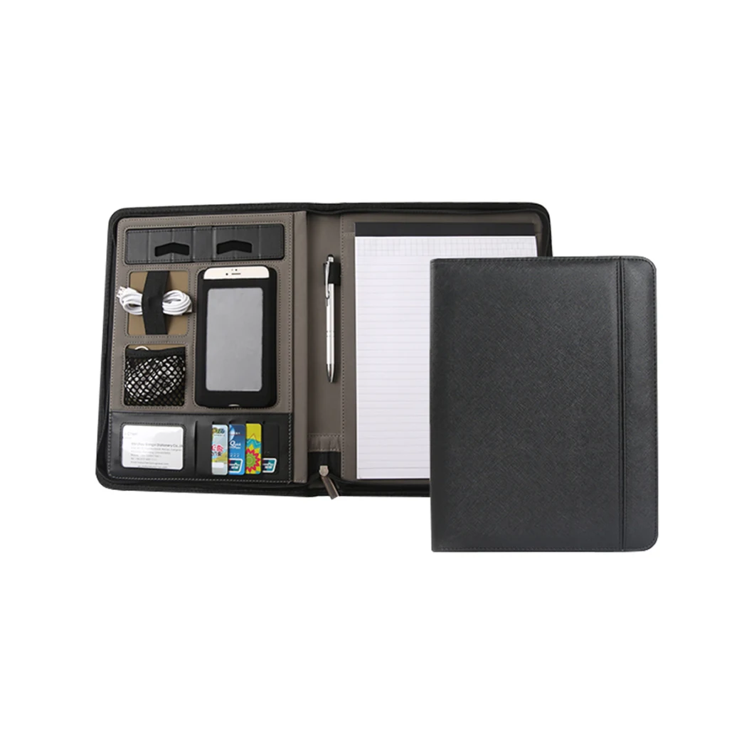 Leather Business Portfolio Bag A4 File Folder Organizer Full Zipper Closure Notepad