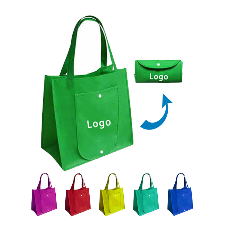 Custom Logo Pattern Extra Large Eco Reusable Recycle RPET Fabric Grocery Folding Tote with Button Pouch Foldable Shopping Bag