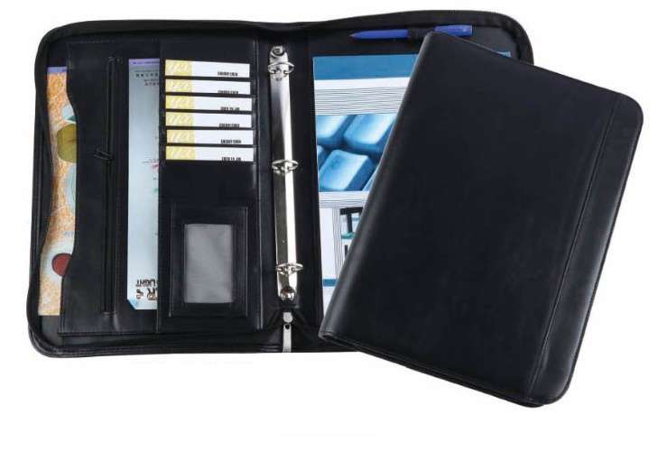 Zipper A4 Ring Binder Leather Conference Folder with Notepad