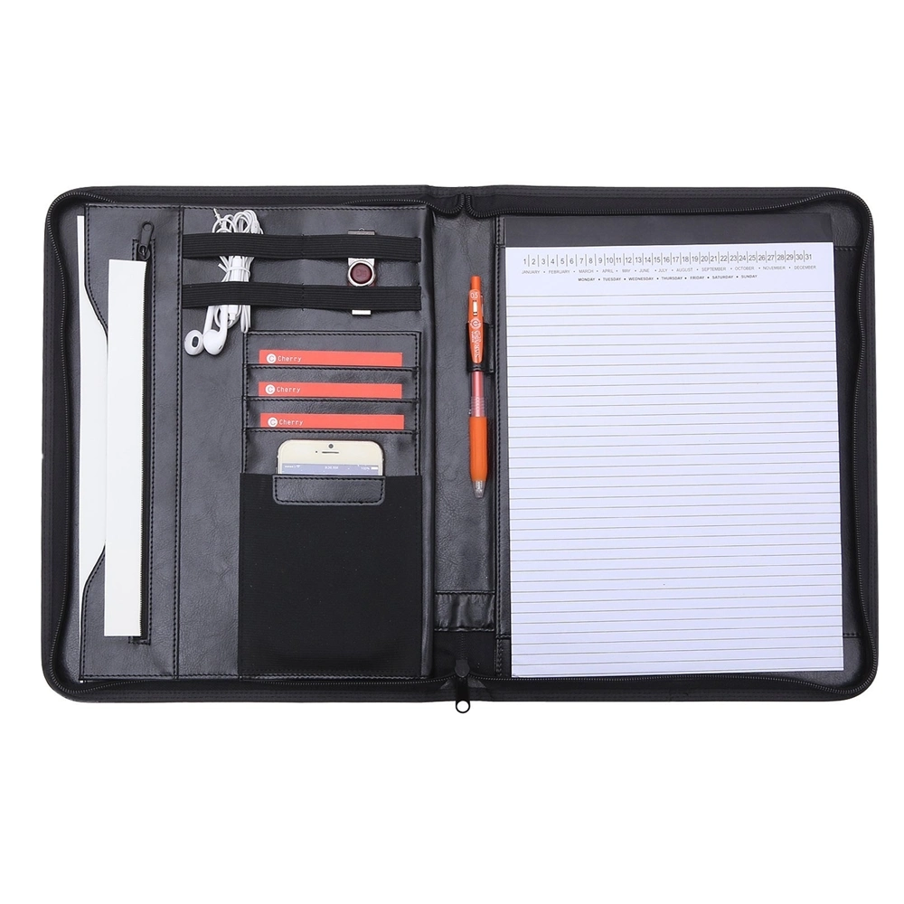 Best Seller File Bag Custom Zipper Black A4 Leather Portfolio Folders