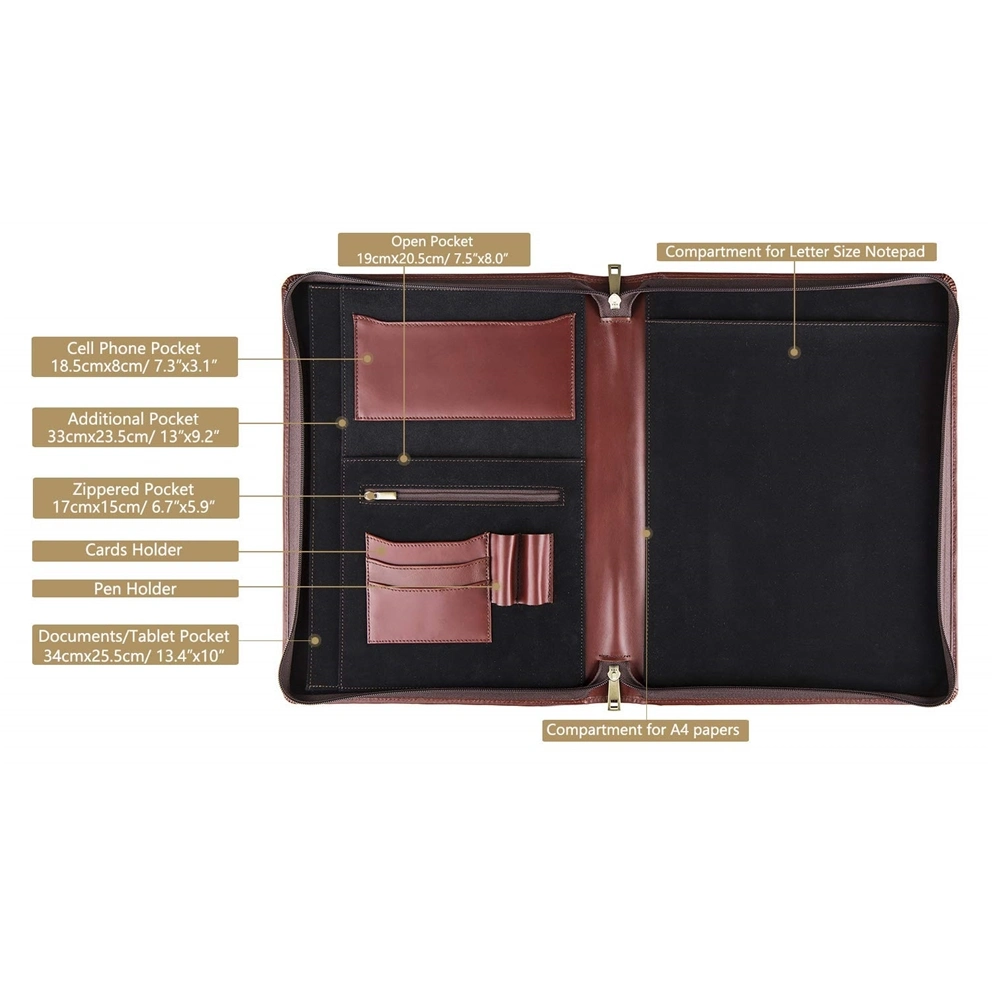 Business File Folder Padfolio A4 Dark Red Zipper PU Leather Portfolio Case