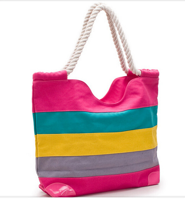 Fashion Mixed Color Strap Canvas Beach Bag