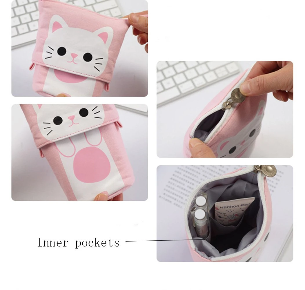 Transformer Stand Store Pencil Holder Canvas+PU Cartoon Cute Cat Telescopic Pencil Pouch Bag Stationery Pen Case Box with Zipper Closure