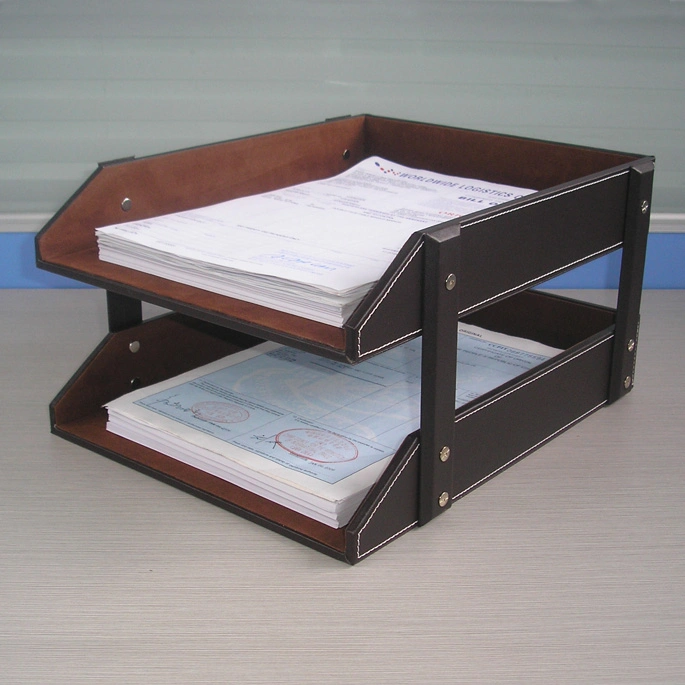 Double Layers Office Stationery Desktop Organizer Leather Document File Tray