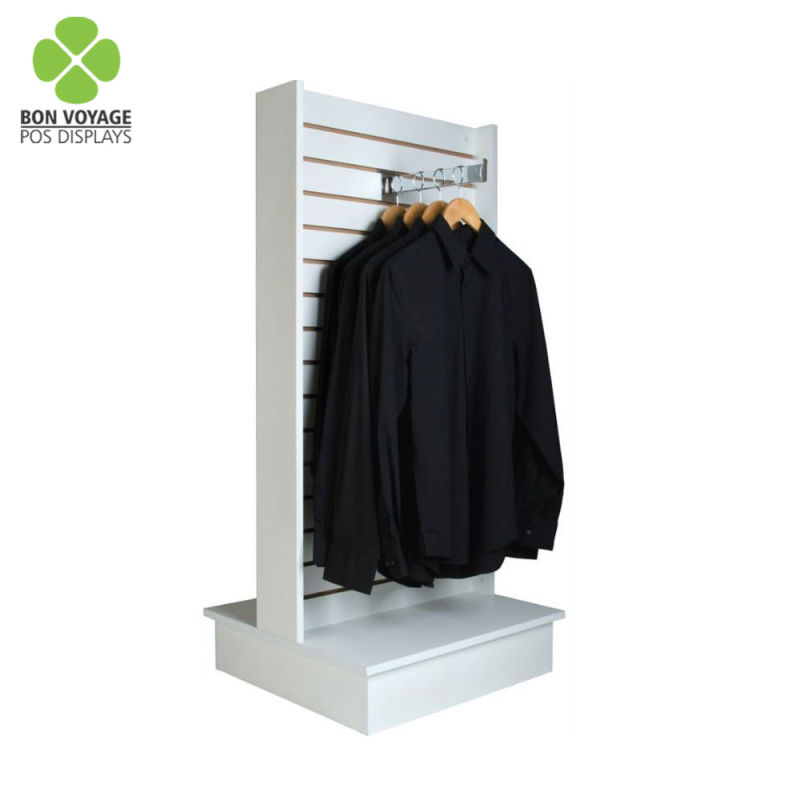 Retail POS Double-Sided Floor Standing Wooden Clothing Slatwall Display Stand