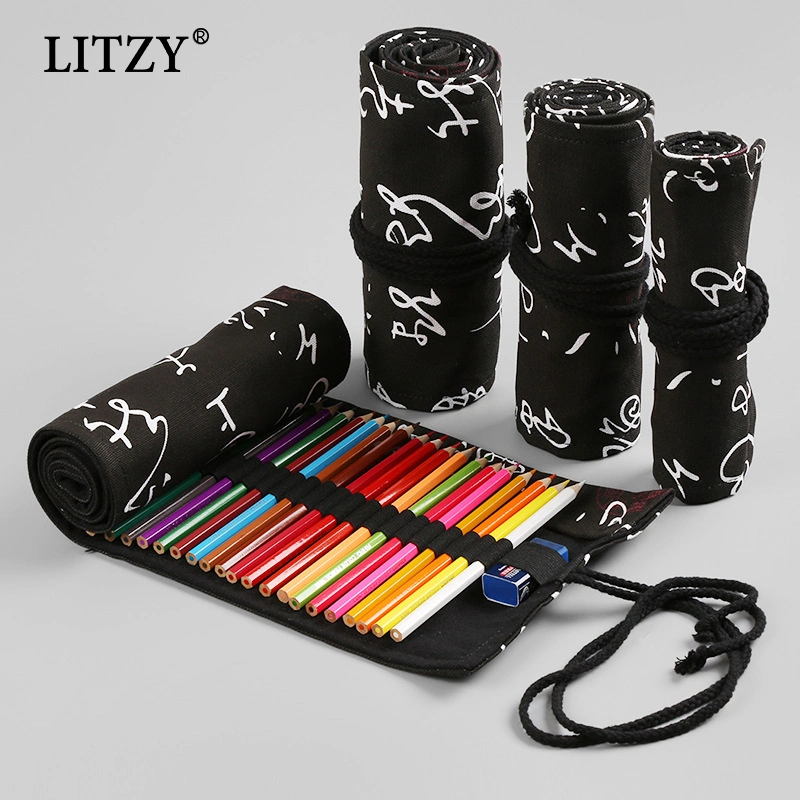 12/24/36/48/72 a Black Leaves Roll School Pencil Case Canvas Pen Bag Penal for Girls Boys Cute Large Pencilcase Penalties Box Stationery Supplies