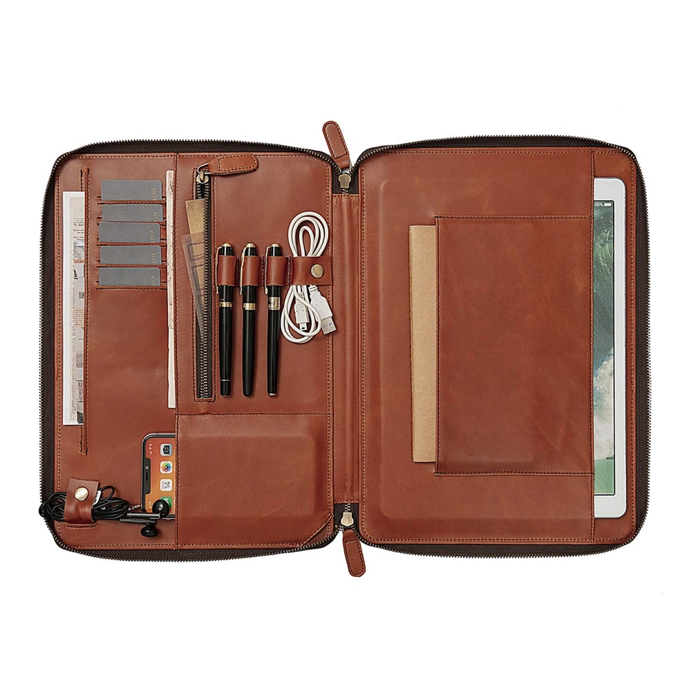 Ultra Thin Handmade Leather Pad Folio Folder Professional Padfolio Organizer Business Portfolio with Zipper