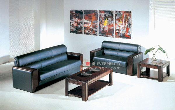 Modern Office Leather Wooden Sofa Set Leather Sofa with Solid Wood Arm