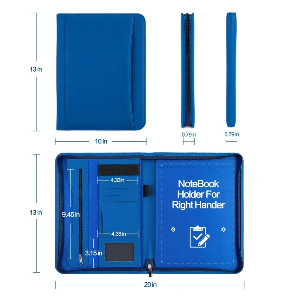 Document Bag Padfolio Zipper Custom A4 Blue PU Leather Portfolio Folder