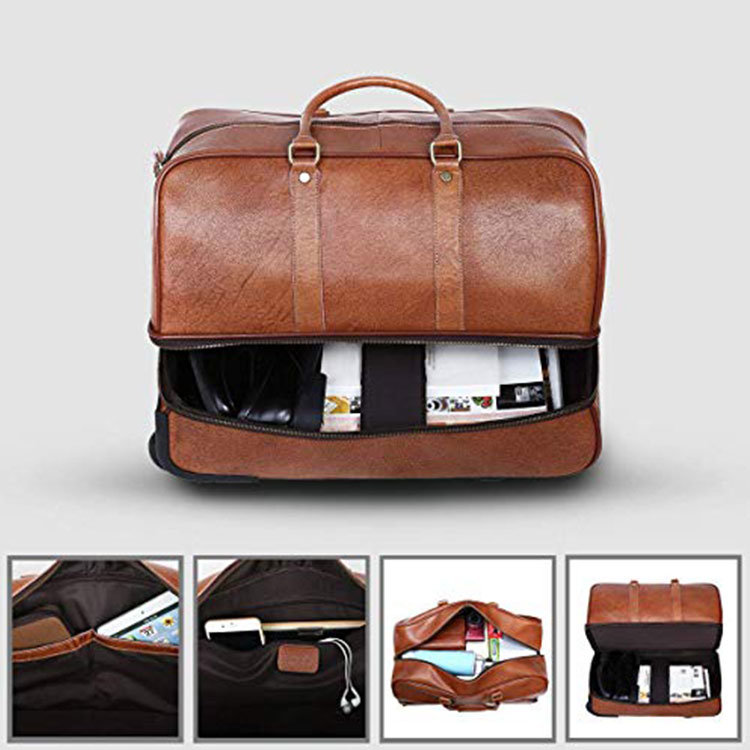 Men's Leather Trolley Luggage Wheeled Duffle, Leather Travel Bag Two Layers