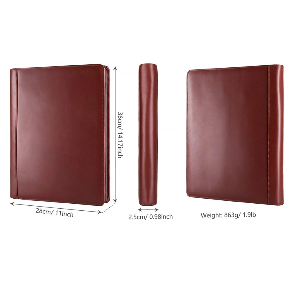 Business File Folder Padfolio A4 Dark Red Zipper PU Leather Portfolio Case